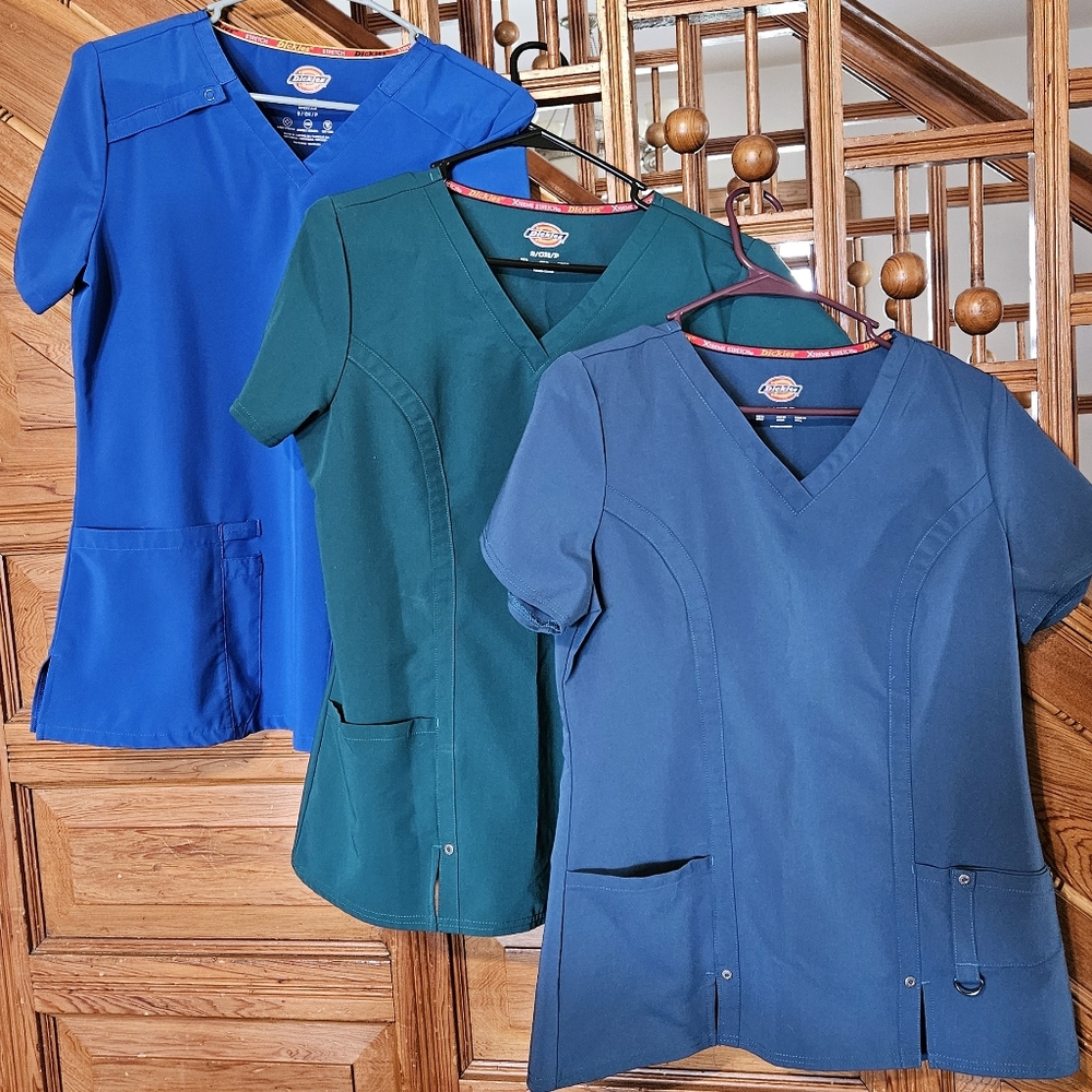 Dickies Women's V-Neck Scrub Tops - Royal Blue, Green, Caribbean Blue